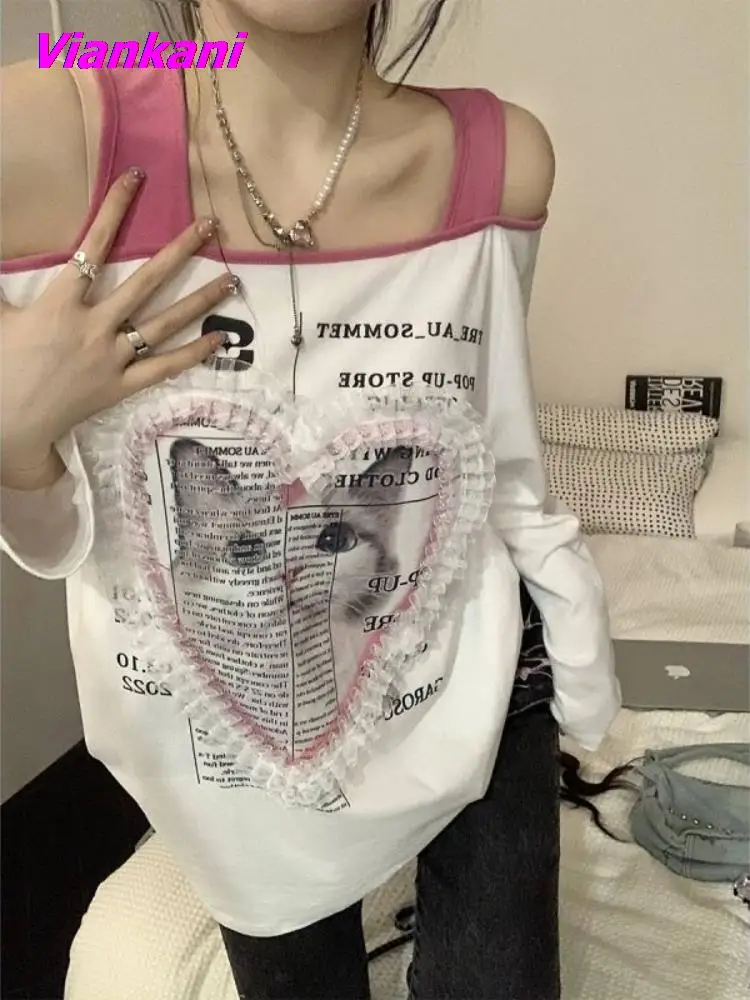 

Женские футболки Y2K Kawaii С мультяшным принтом Harajuku милые футболки с длинным рукавом модные с открытыми плечами кружевные топы Феи гранж сексуальные рубашки