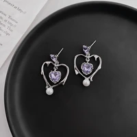 trendy fashion earrings ladies pearl pendant elegant purple heart rhinestone earrings 2022 fashion trend jewelry wholesale