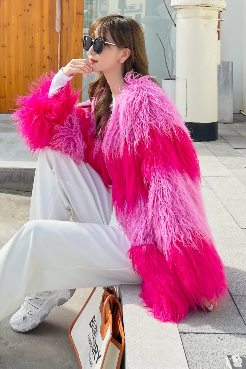 Rose Red Stitching Pink Fur Coat Autumn Winter New Fashion Plush Loose Contrast Color Tan Wool Jacket Elegant Coat Women