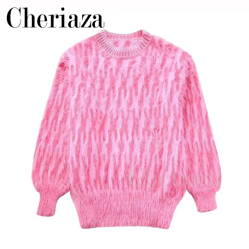 

Cheriaza 2023 Autumn Winter Women New Fashion Round Neck Simplicity Jacquard Weave Short Loose Jumper Knitwear Sweater Tops