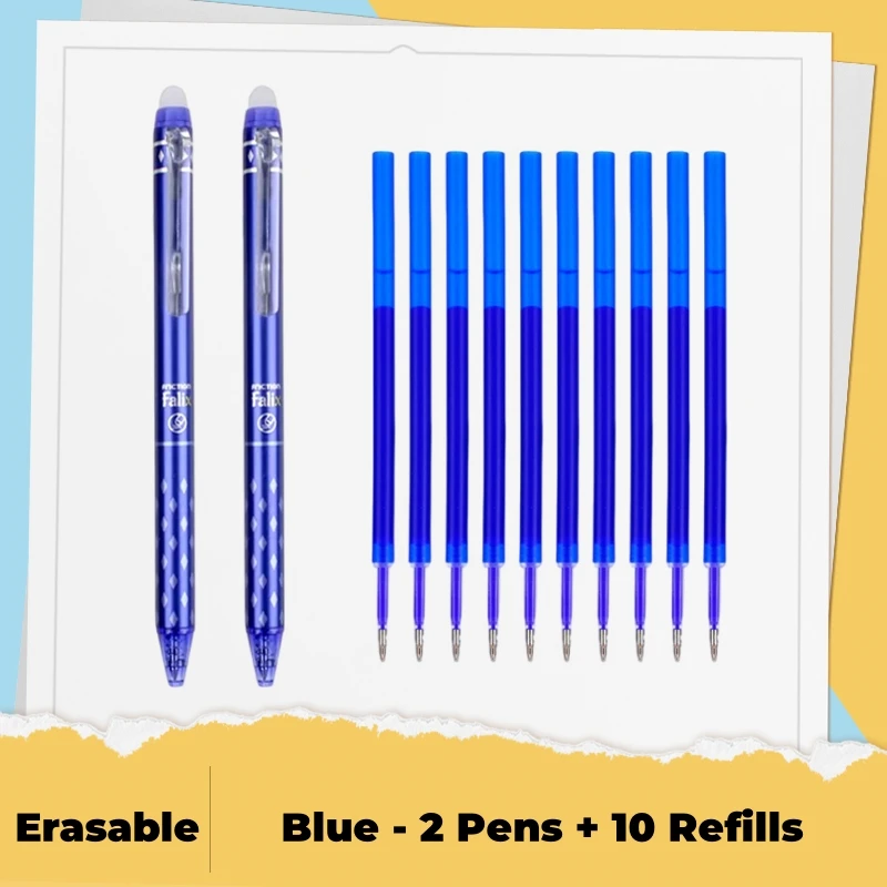 

2 выдвижных стираемых гелевых ручки, 10 насадок, 0,5 мм, черные, синие, тонкие, гладкие, для школы, офиса, канцелярские принадлежности