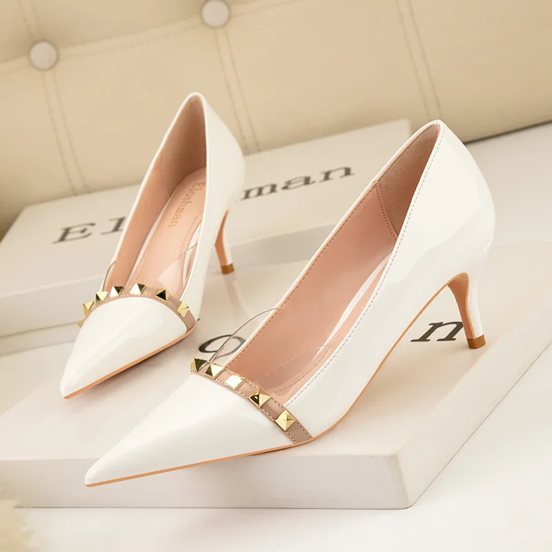 Women Sexy Elegant Heels Slimming Transparent High Heels Stiletto Patent Leather Sandals Low-Cut Pointed-Toe Metal Rivet Shoes