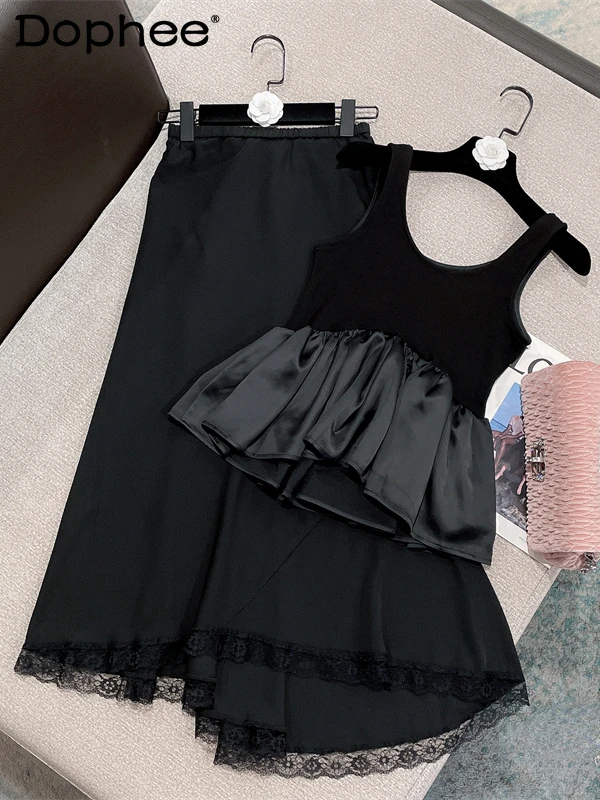 

2022 Summer New Ruffled Sleeveless Vest Top Sexy Lace Edge Long Skirts Ladies Vacation Outfits Buy Separately