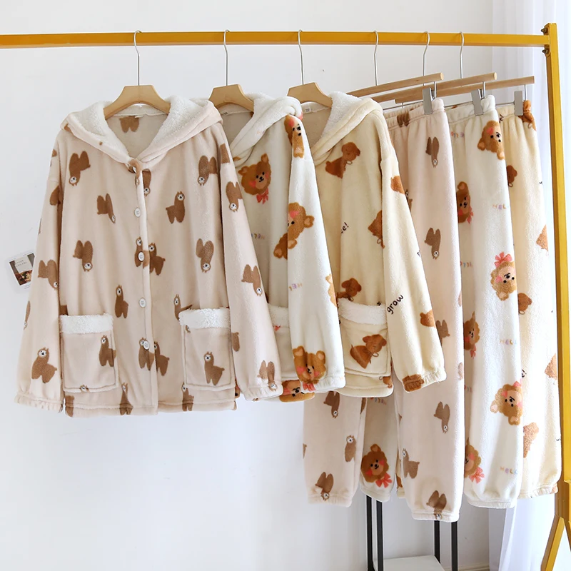 New Cartoon Plus Velvet Thickened Pajama Set Winter Home Suit Flannel Coral Fleece Homewear Thermal Warm Women  Hooded Sleepwear