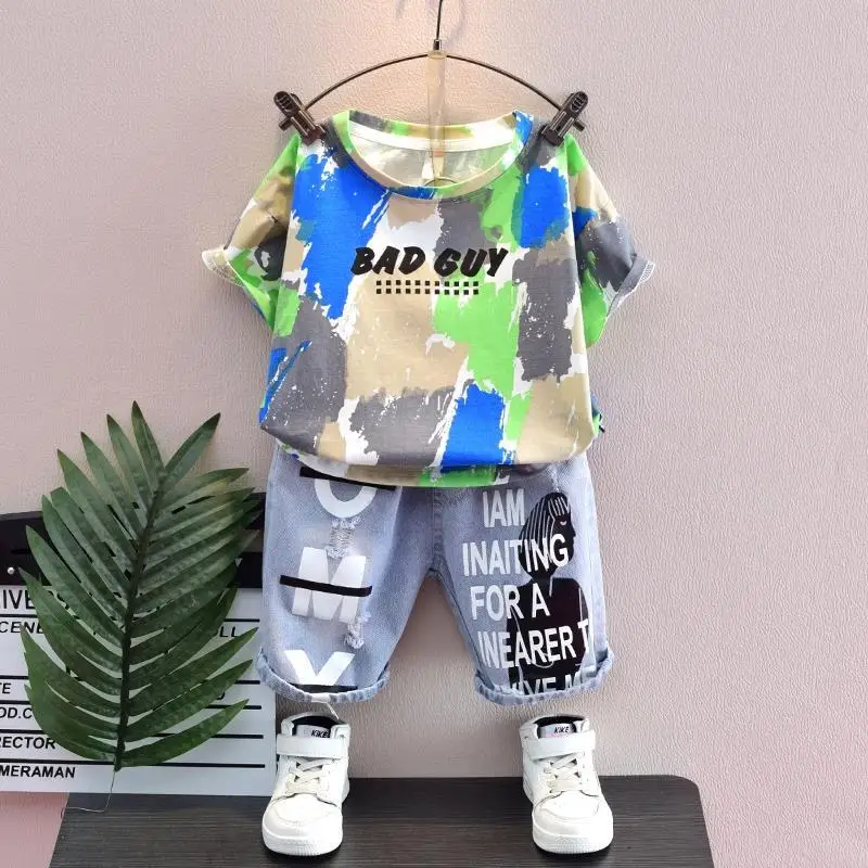 

Kids Clothes Set 2023 Summer 2-12Y Boy Shorts Sleeve Tshirt + Denim Suit Shorts Tracksuits Ropa Conjuntos Para Niños 유아 상하복세트