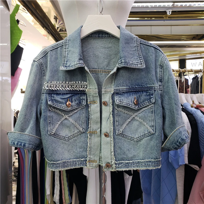 

Vintage Blue Diamond Big Pocket Denim Jackets Women Short Sleeve Cowboy Outerwear Slim Short Hem Frayed Jeans Jacket Coat Female