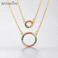 jellystory color zircon necklaces for women 925 sterling silver round pendant double circle rainbow wedding anniversary jewelry