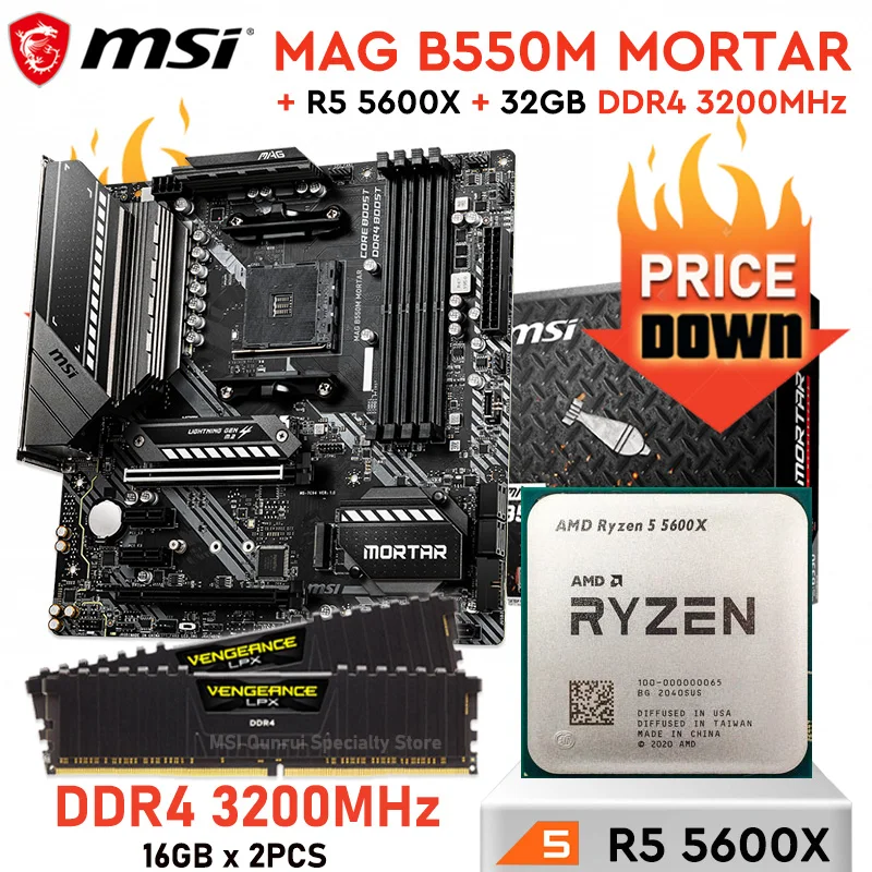 

AMD Ryzen 5 5600X CPU Combo AM4 Motherboard MSI MAG B550M MORTAR DDR4 3200MHz 32GB Ram Mainboard CPU Full Combo Ryzen Kit 5600X