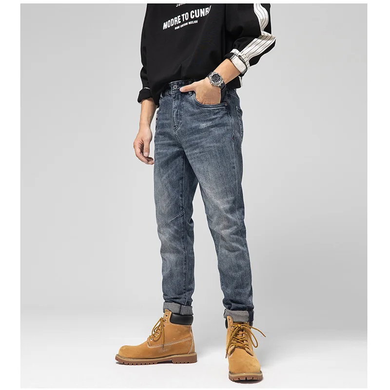 Men Clothing New Pattern Recreational Vintage Blue Jeans Straight Cylinder Self-cultivation Elastic Force Trousers Autumn Female