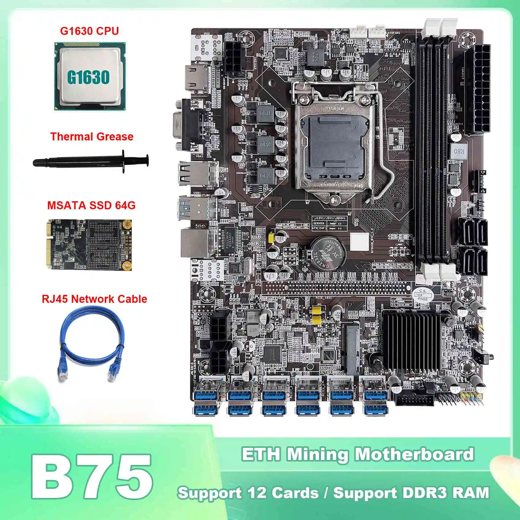 

B75 ETH Mining Motherboard 12 PCIE to USB LGA1155 with G1630 CPU+MSATA SSD 64G+Thermal Grease+RJ45 Network Cable