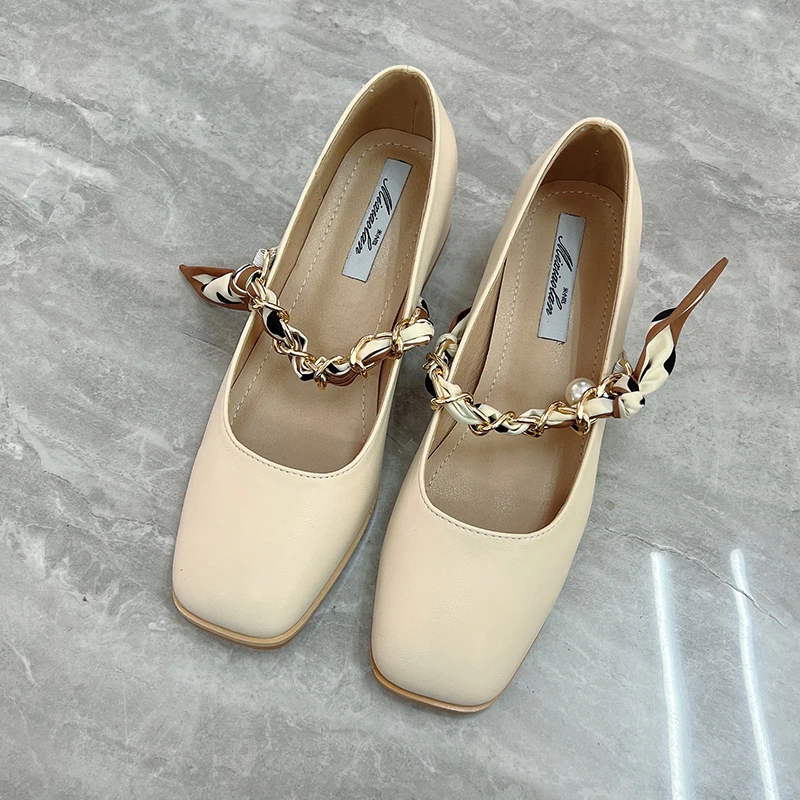 

Women Riband Mary Jane Shoes High Heels Elegant Dress Shoes Square Toe Pearl Chain Pumps Wedding Shoes Daily Comfortable Loafers