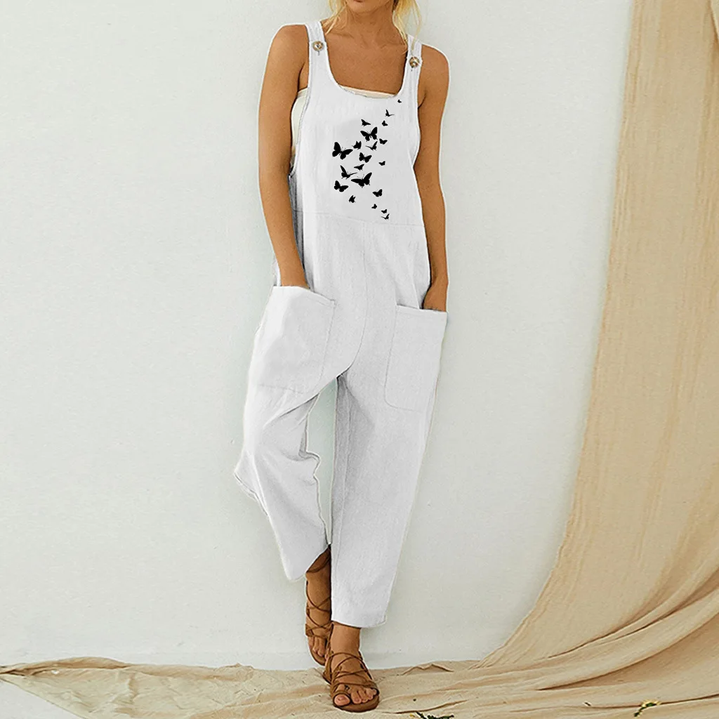 Female Bodysuit Vintage Casual Boho Romper Long Summer Jumpsuit Strap Button Pocket Floral Playsuit Daisy Print Women Jumpsuit