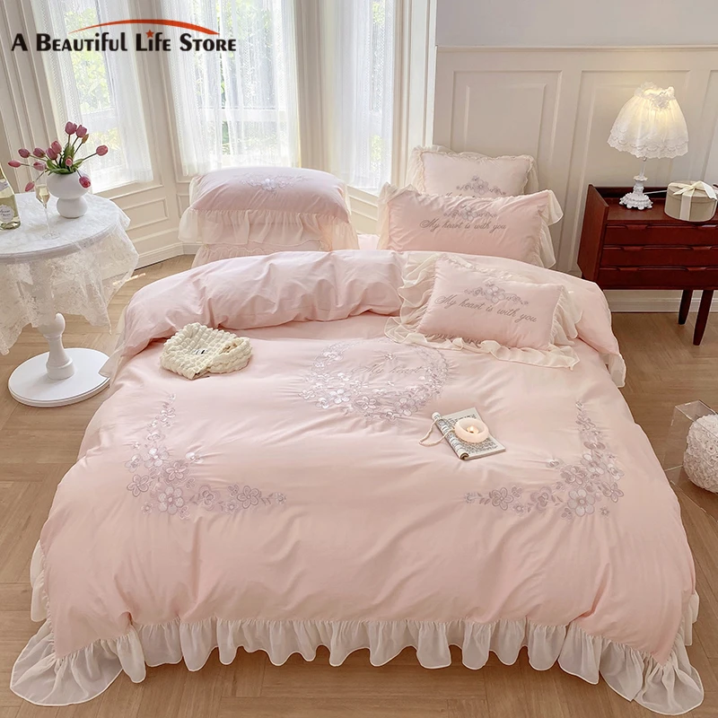 

Pink 600TC Washed Cotton Chic Flowers Embroidery Princess Bedding Set Chiffon Lace Ruffles Duvet Cover Set Bed Sheet Pillowcases