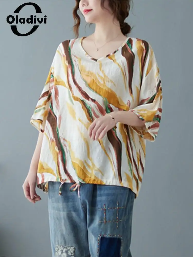 

Oladivi Oversized Fashion Print Cotton Linen T-Shirts Women's Large Size Summer Tshirts Casual Loose Top Tees Shirts Tunics 1569