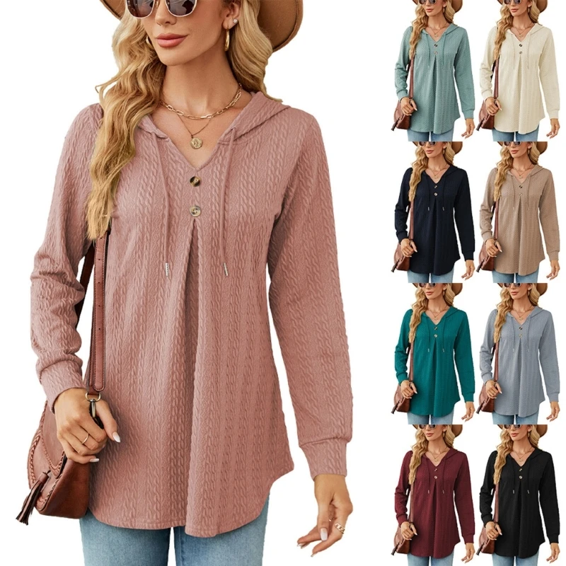 

Womens Long Sleeve V Neck Shirts Sweatshirts Hoodies Tunics Tops with Drawstring Fashion Casual Loose Pullover Tops