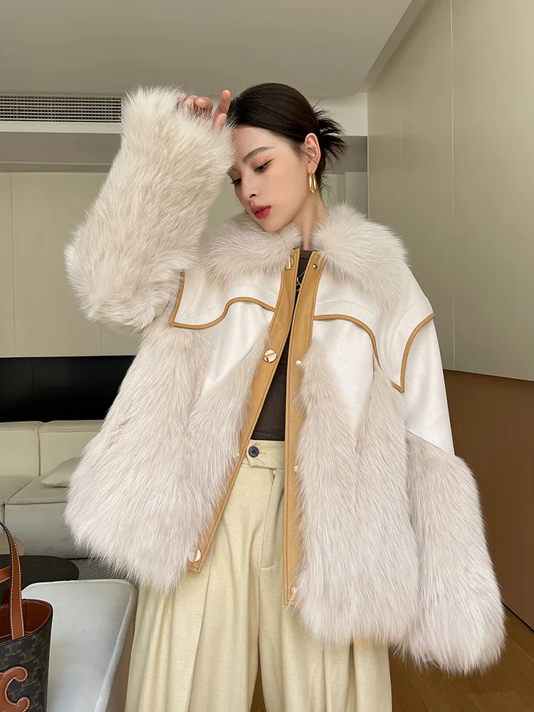 New Women Real Fur Coat Autumn Winter Fashion Casual Double-faced Fox Fur Suede Patchwork Fur Jacket Loose Outerwear Female