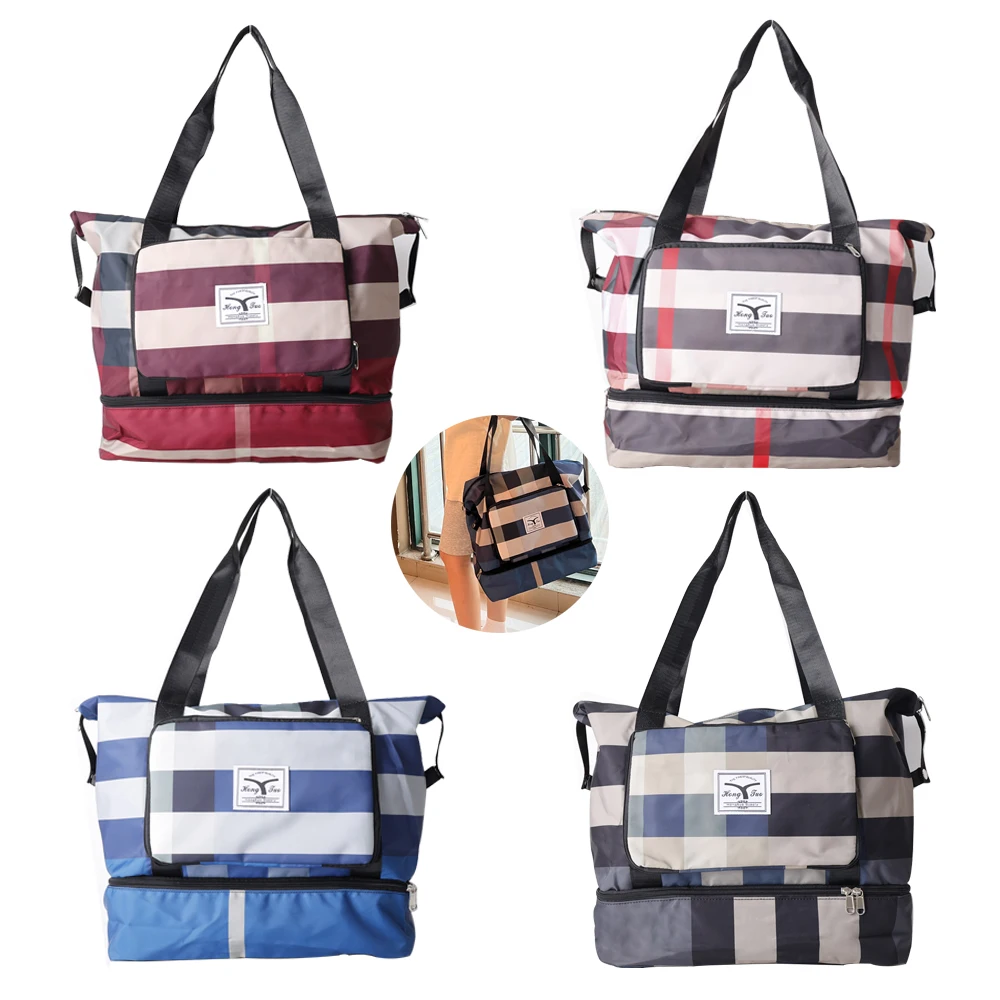 Fashion Stripe Large Capacity Travel Handbags Oxford Dry and Wet Separation Luggage Storage Bag Folding Fitness Package Handbag
