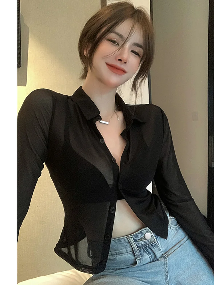 

Sun Protection Shirt Women 2022 Summer Chic Thin Blouse See Through Long Sleeve Tops Ladies Bodycon Black Mesh Blusas Elegant