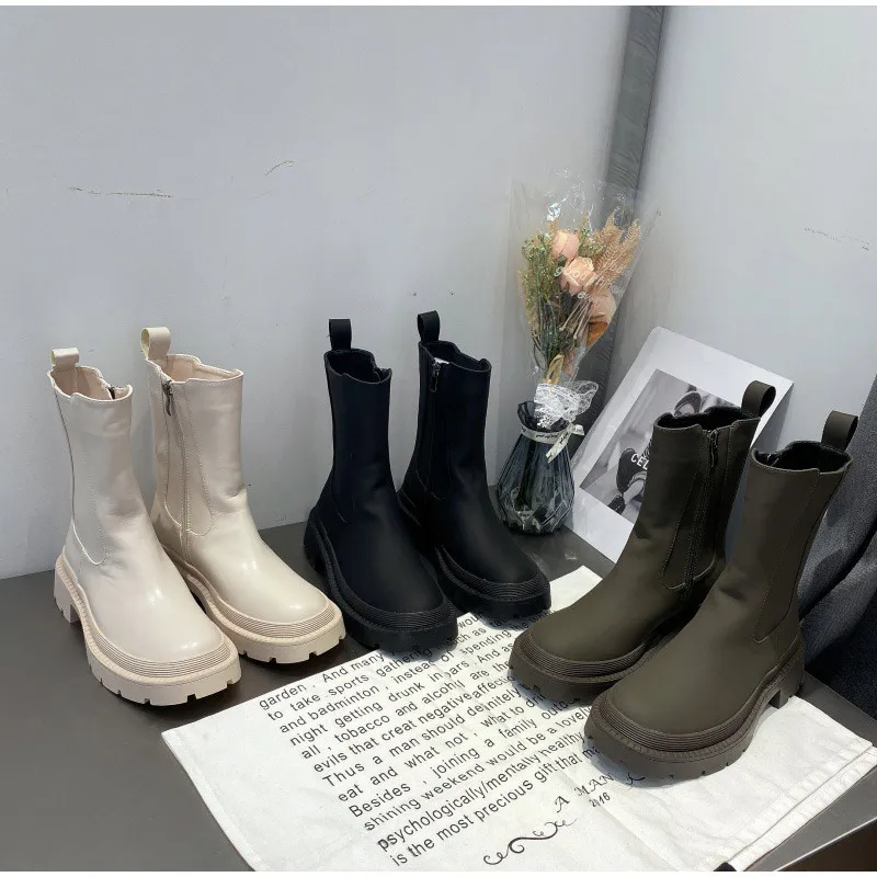 

Модные женские ботильоны на платформе, женские ботинки челси из искусственной кожи, вязаные Стрейчевые ботинки, женская обувь на толстой по...