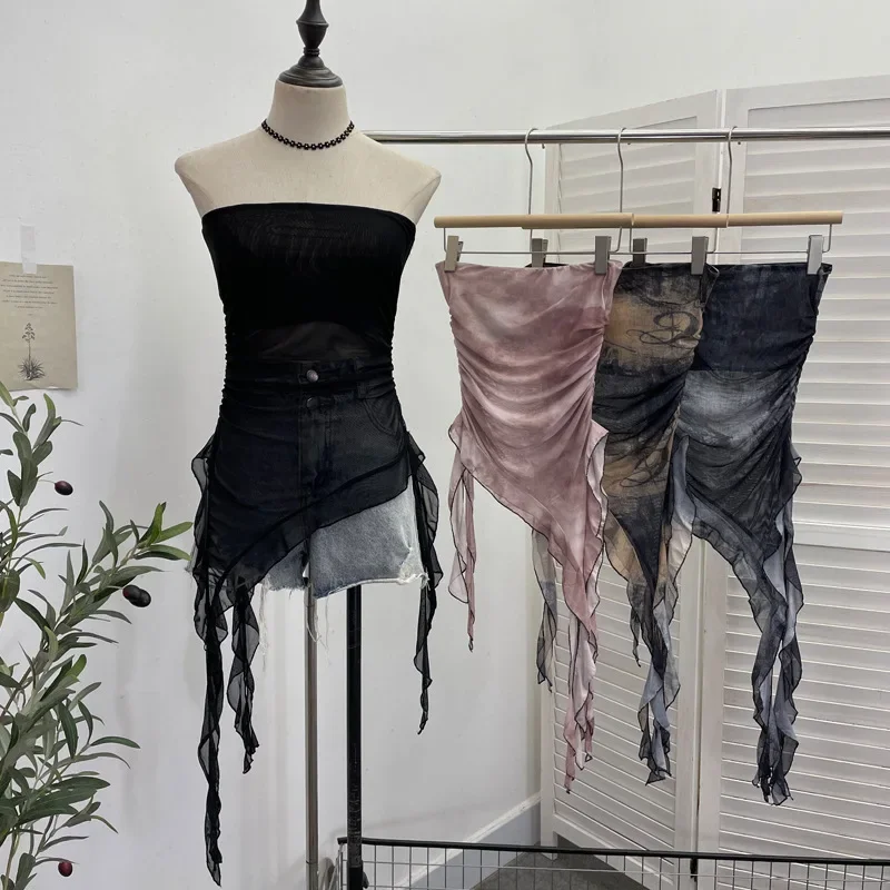 Женский сетчатый топ без рукавов с рюшами и лентой