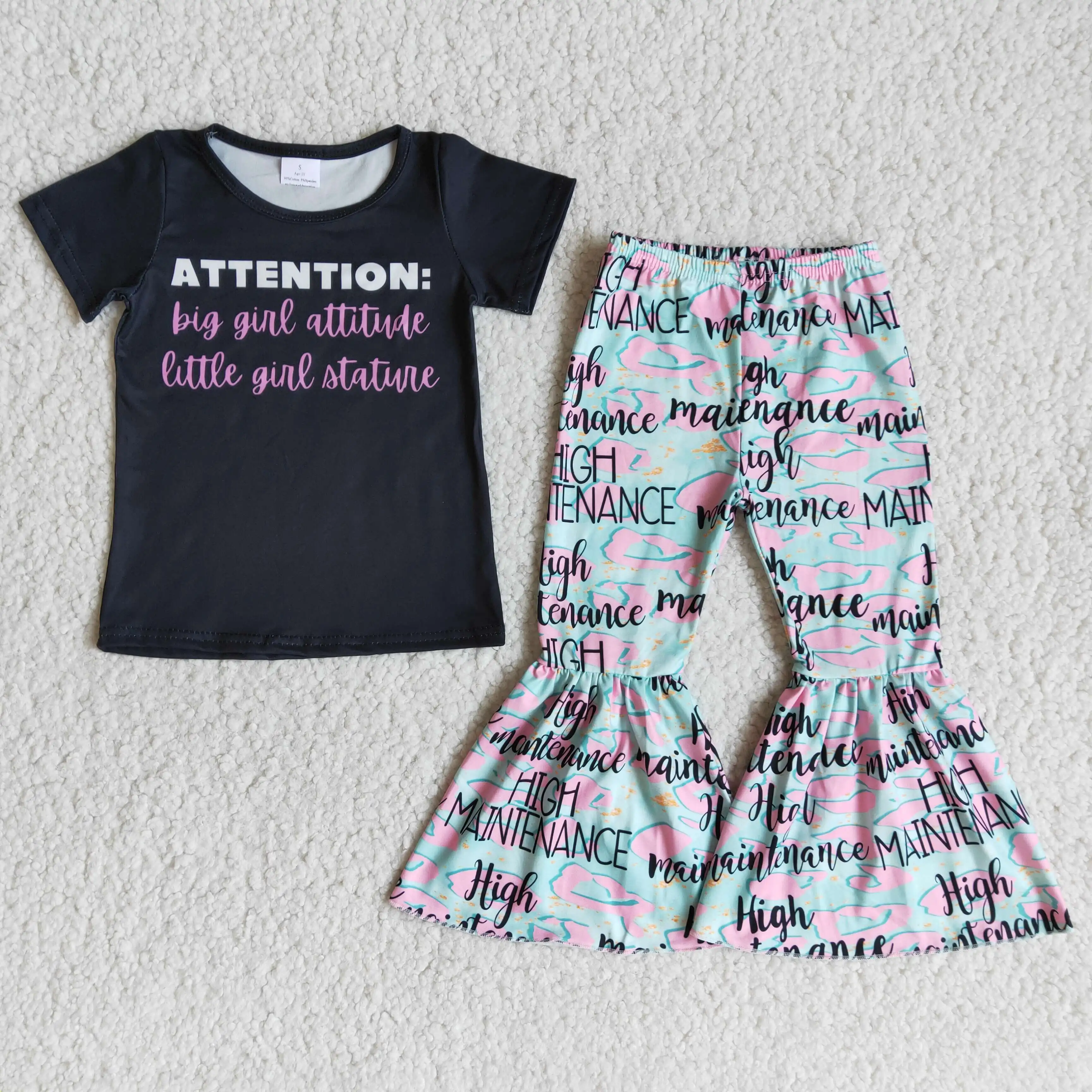 

Toddlers Attention Outfits Baby Girls Short Sleeves Top Bell Bottom Pants Kids Clothing Print Children Hot Sale Boutique Sets