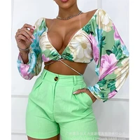 womens 2 piece suit summer lace up bandage cardigan lantern sleeve v neck top high waist straight shorts suit printed slim suit