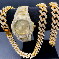 3pcs mens hip hop jewelry set iced out watch necklaces bracelet miama cuban link chain choker women jewelry set gold watch gifts