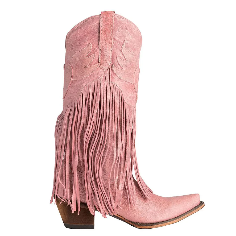 

Gnazhee 2022 Women's Western Boots Retro Vintage Cowgirl Mid Calf Boots Pink Cowboy Casual Tassels Fringe Shoes For Woman