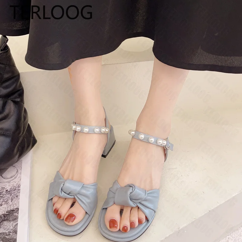 

Designer Women Chunky Mid Heels Sandals Summer Pumps Dress Slippers 2022 Fashion Sweet String Bead Open-toe Slides Women Shoes