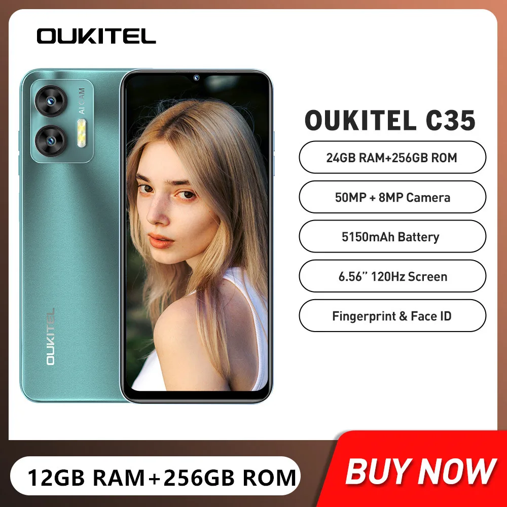 OUKITEL C35 Smartphones 24GB(12+12)+256GB 50MP Camera 6.56Inch HD Screen 4G Mobile Phone Android 13 Fingerprint Unlock Cellphone