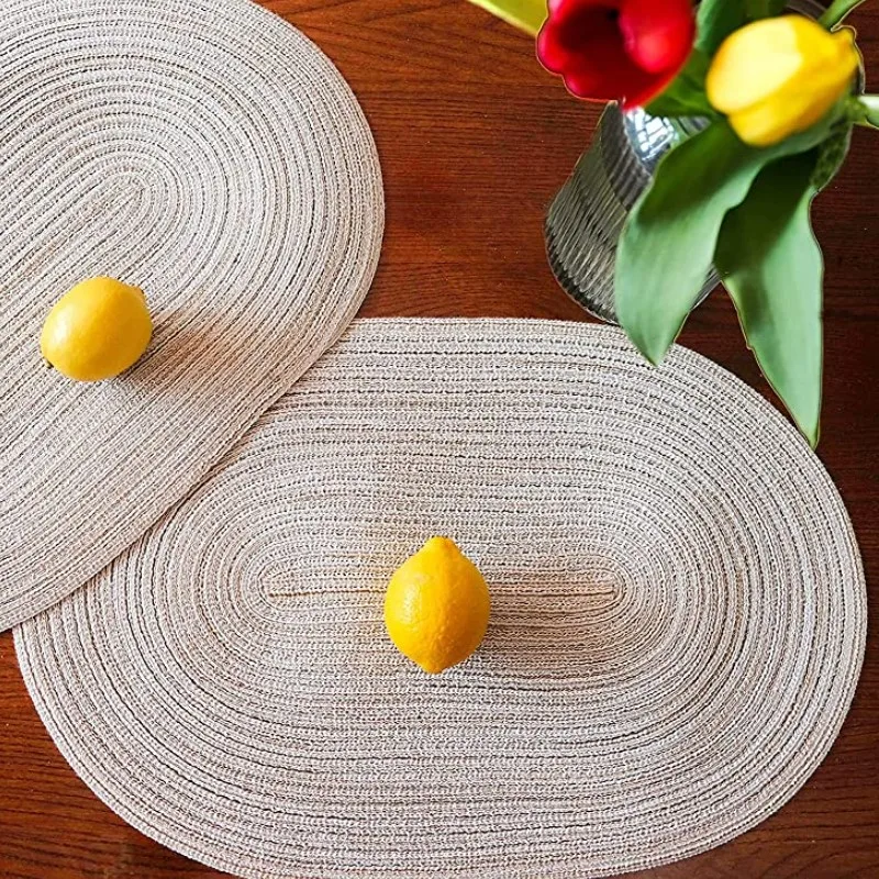 Inyahome Set of 1/4/6 Round Oval Braided Table Place Mats Pad for Dining Table Patio Outdoor Farmhouse Decor Kitchen Accessories