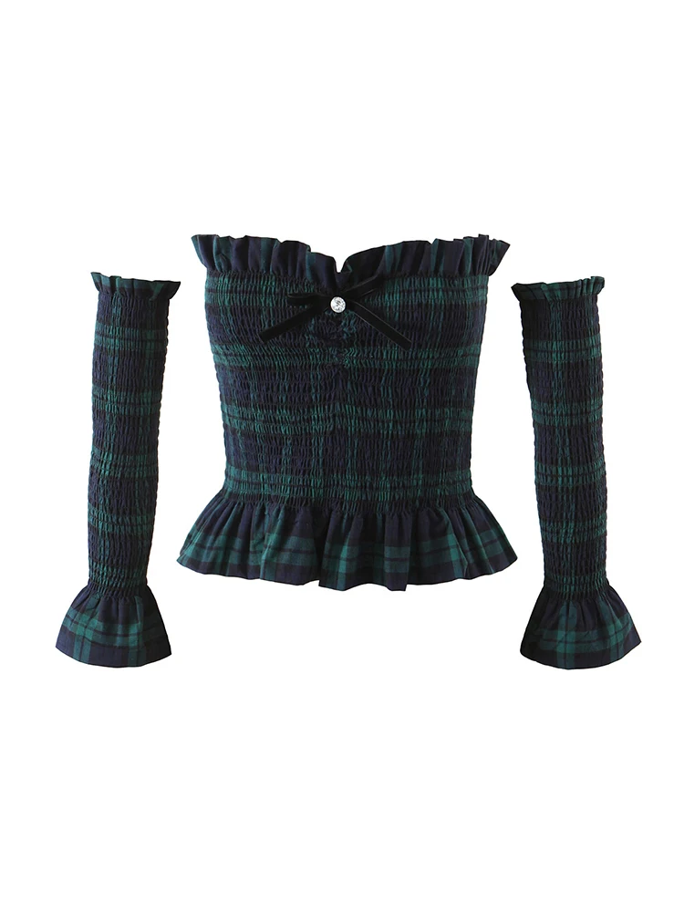 

Summer Green Plaid Blouses Women Off Shoulder Ruffles Elastic Slim Crop Tops Flare Sleeve Shirts 2022