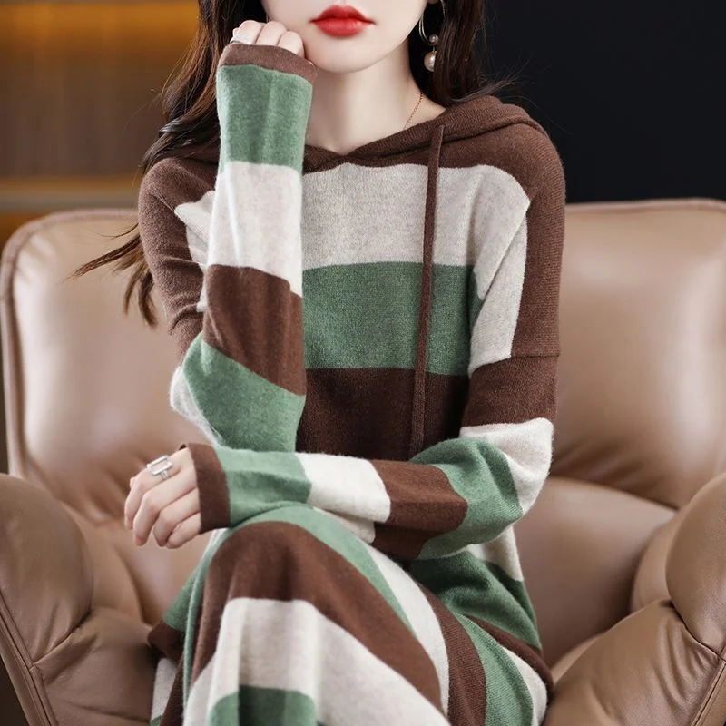 Hooded Vintage Women's Sweater Knitted One-piece Dress Loose Midi Knit Dresses for Women Autumn Winter 2022 with Free Shipping