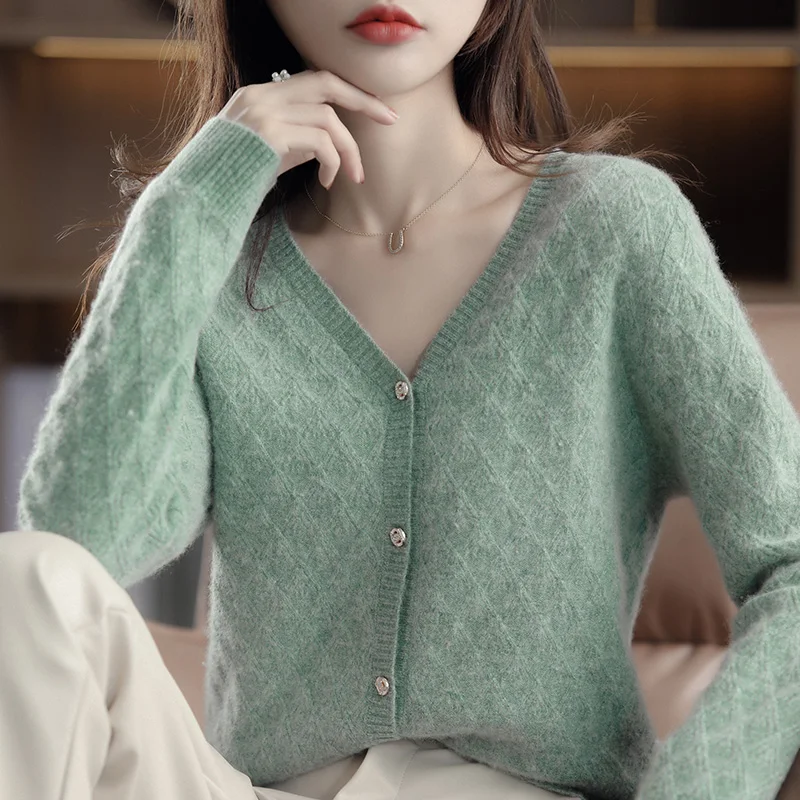 Осень/зима новый женский свитер кардиган из 100% мериносовой шерсти с v-образным
