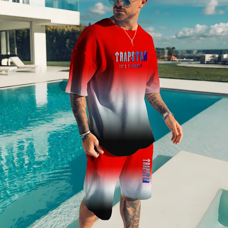 Summer Fashion Men's Casual Beach T-shirt Shorts Men's Set 3D Printed Trapstar O-Neck Top Plus Size  Sportswear 2 Piece Set