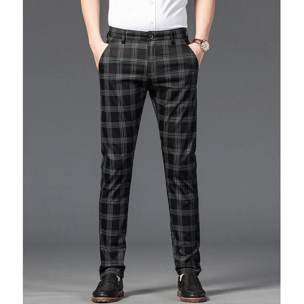 

Новинка 2023, мужские брюки, модные деловые британские хлопковые брюки в клетку, повседневные Прямые Черные, синие, красные Костюмные брюки