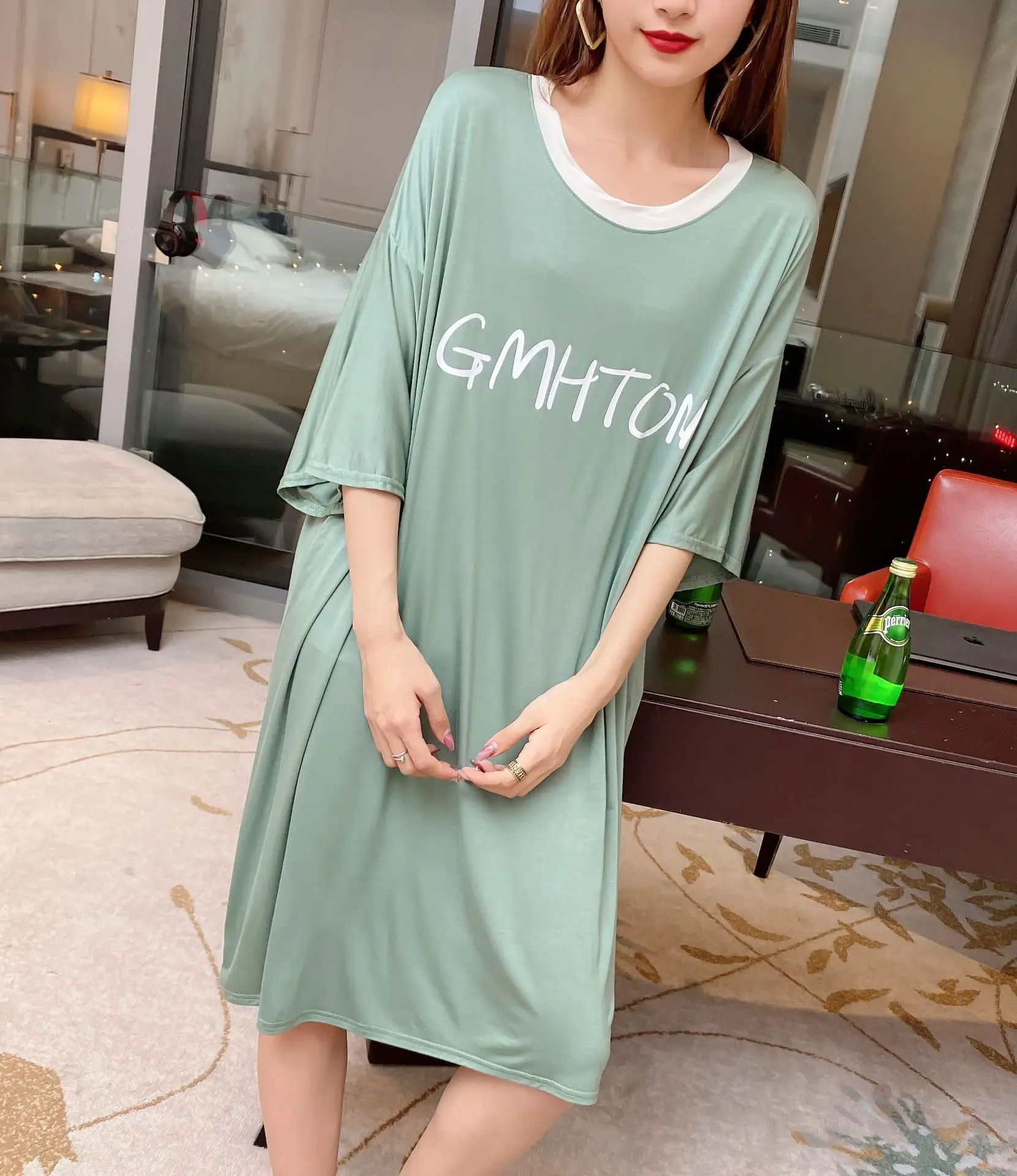 Summer with modal printed letters T-shirt dress code household contracted short-sleeved dress comfortable big skirt loose