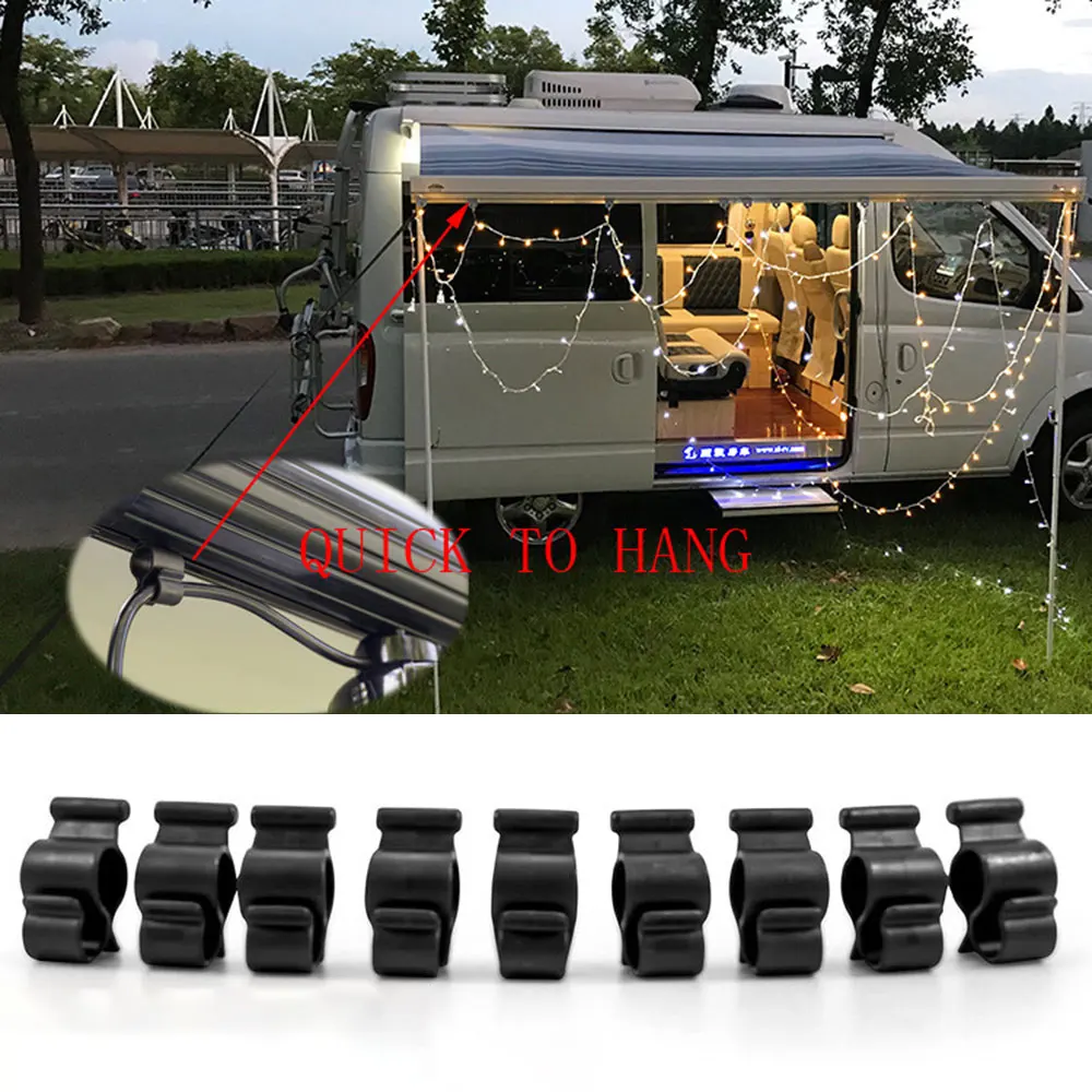 

10Pcs Tent Hooks Camping Awning Hooks Clips RV Tent Hangers Light Hanger For Caravan Camper Black Plastic Rounded Clip