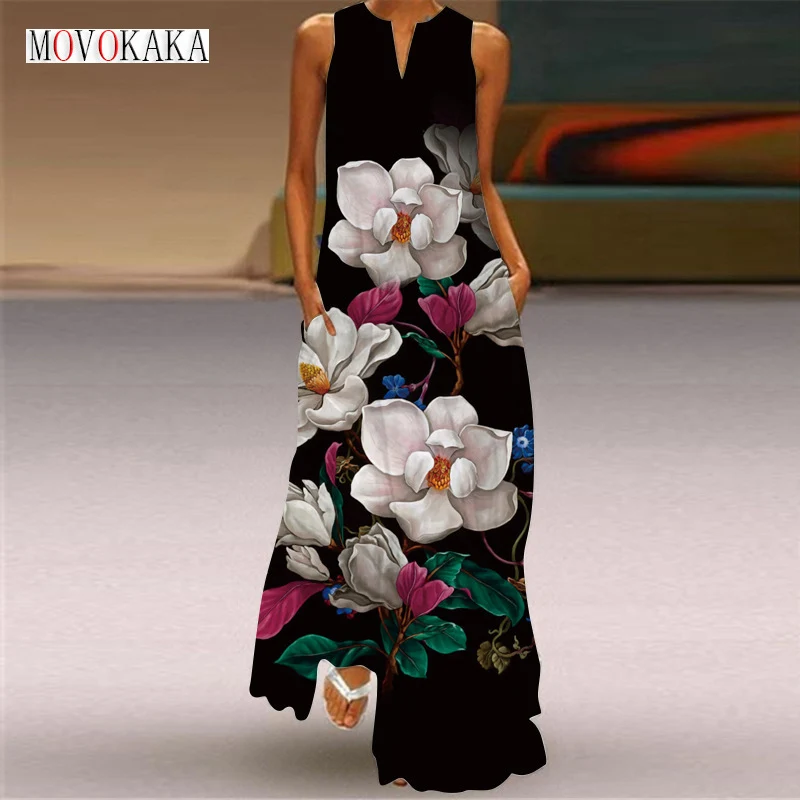 

MOVOKAKA Ladies Spring Summer Long Dress Women Black Sleeveless V-neck Casual Elegant Dresses Party Flowers Print Vintage Dress