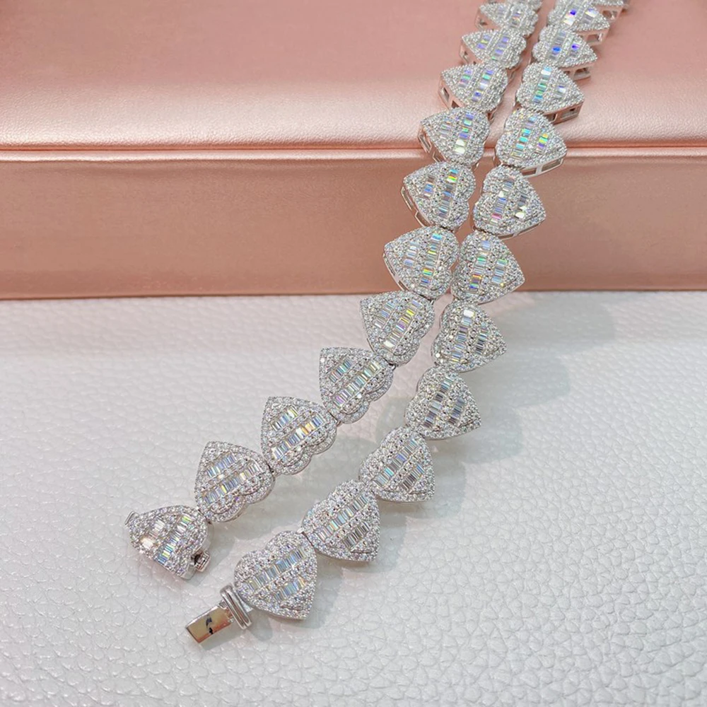 Bling Heart Moissanite Necklaces S925 Silver Cuban Link Chain Choker Real Diamonds for Women Men Pass Tester With GRA Free Ship