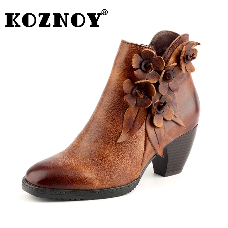 

Koznoy 6.5cm Retro British Genuine Leather Ethnic Ankle Boots Spring Autumn Women Handmade Appliques Flower Big Size Lady Shoes