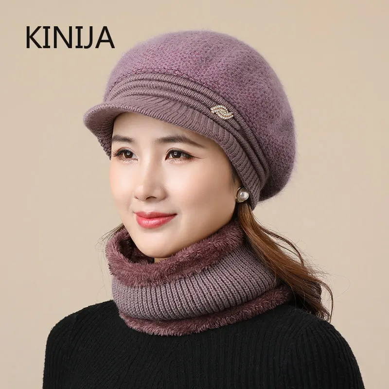 Women Warm Knit Wool Hat Winter Beret Elderly Basin Hat Grace Female Outdoor Warm Cold Proof Ear Neck Protection Benines Scarf