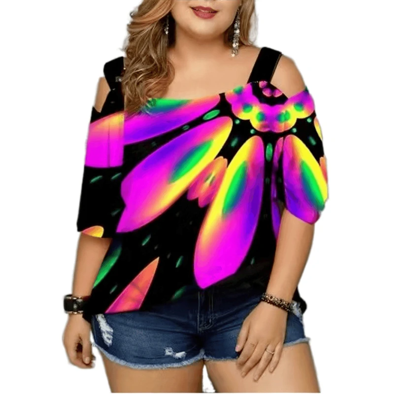 Womens Plus Size Colorful Tops and Blouses 2022 Summer Sexy Off Shoulder Tunic Tops Cold Shoulder Women 5XL 6XL Loose Peplum Top