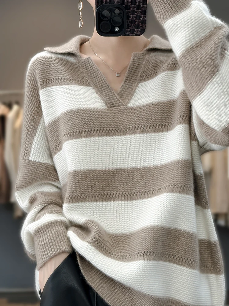 100 Merino Wool Top Women's POLO Collar Pullover Korean Fashion Stripe Loose Knitted Sweater Autumn / Winter New Thickening Tops