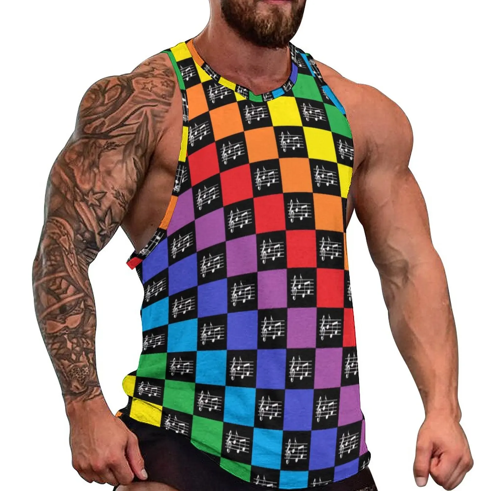 

Rainbow Music Notes Tank Top Checkered Fashion Tops Summer Workout Males Design Sleeveless Vests Plus Size