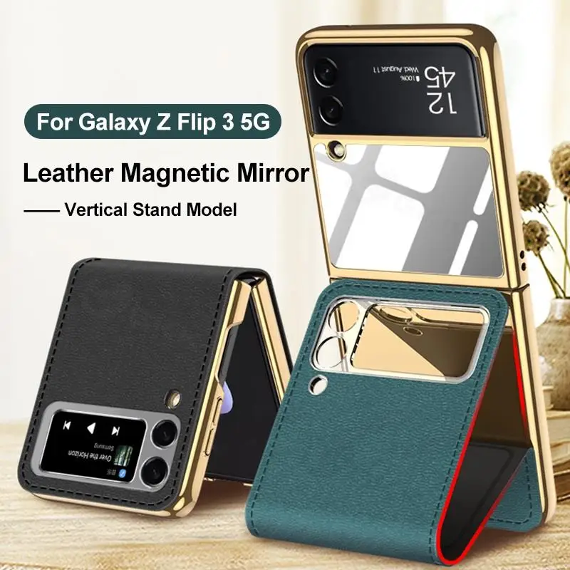 

GKK Original Leather Plating Case For Samsung Galaxy Z Flip 3 5G Case Magnetic Mirror Fold Stand Cover For Samsung Z Flip 3 5G