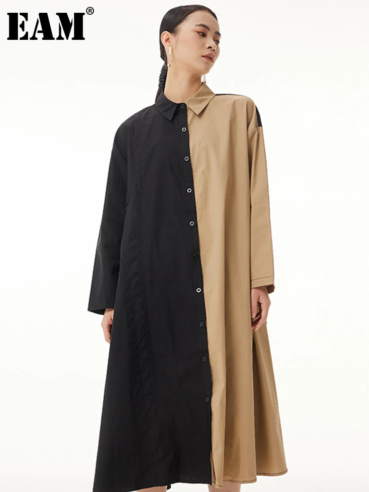 

[EAM] Women Khaki Color-block Big Size Shirt Dress New Lapel Long Sleeve Loose Fit Fashion Tide Spring Autumn 2022 1DE6841