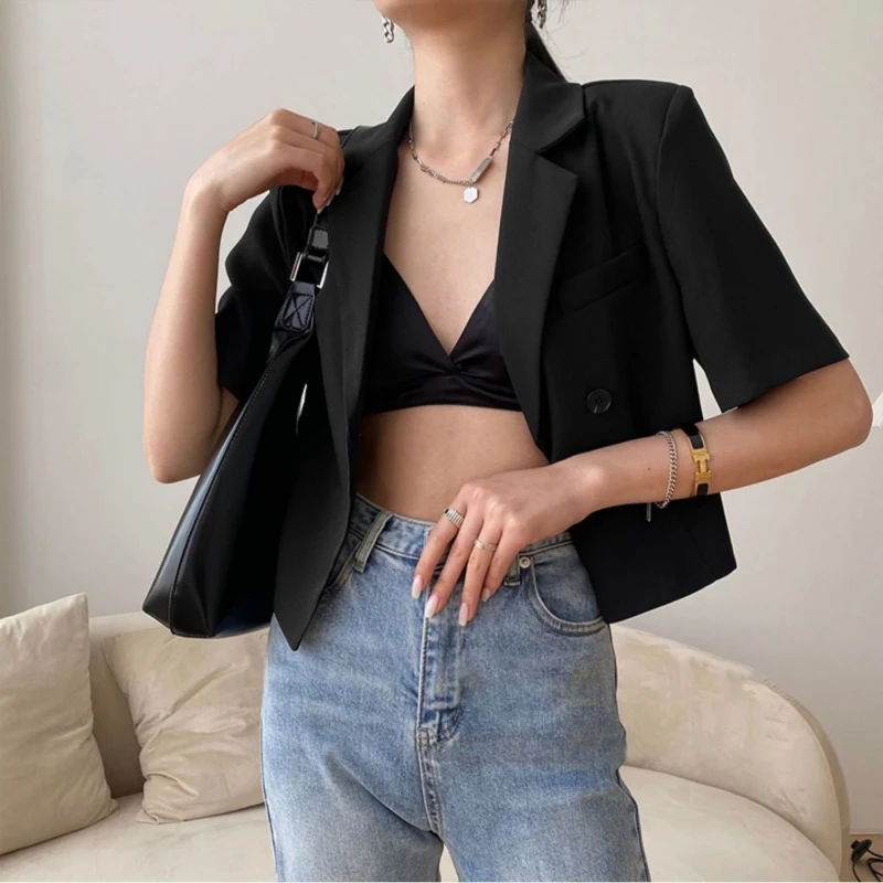 F GIRLS Blazers Women Casual Crop  Summer All-match Korean Style Temperament Short Sleeve Office Lady Streetwear Double Breasted
