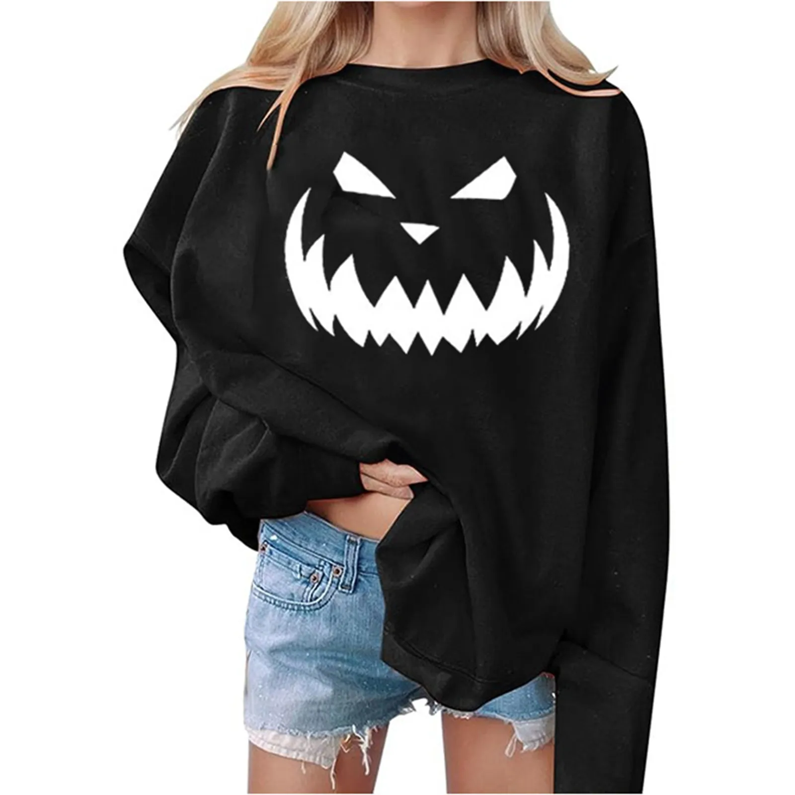 

Женский осенне-зимний Повседневный темпераментный универсальный топ с длинными рукавами и круглым вырезом с принтом карманов на Хэллоуин длинный тонкий Свитшот