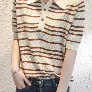 Women Knitted T Shirt Turn-down Collar Top Striped Tshirt 2022 Summer Button Short Sleeve Tees Fashi in Pakistan